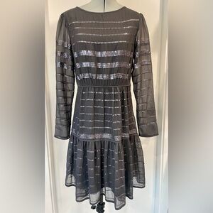 Hoss Intropia silky sequin dress, long sheer sleeves, gray/silver, 36, EUC